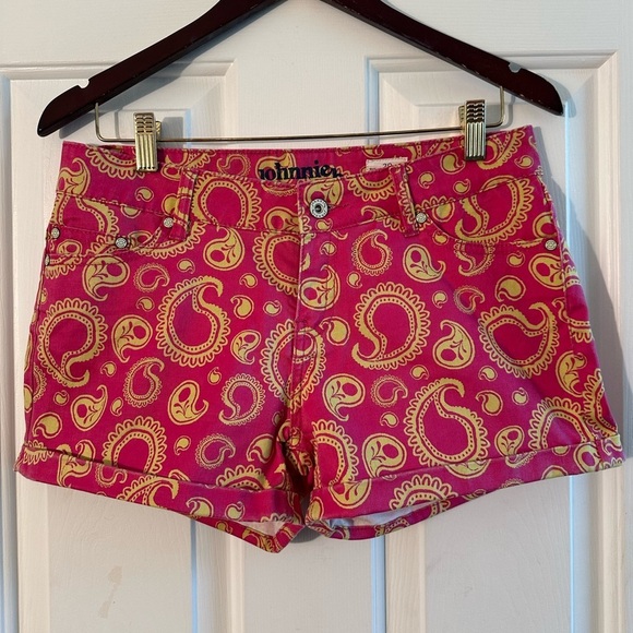 Johnnie B Women’s 30 Pink Orange Paisley Cotton Span MICRO Shorts Rolled Cuff - Picture 1 of 8